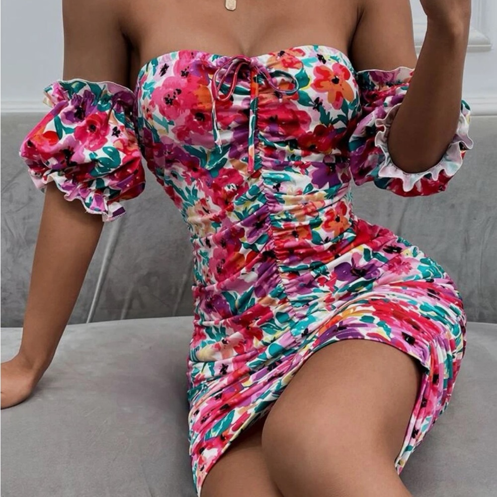 floral print off the shoulder tie front puff sleeve bodycon summer dress.